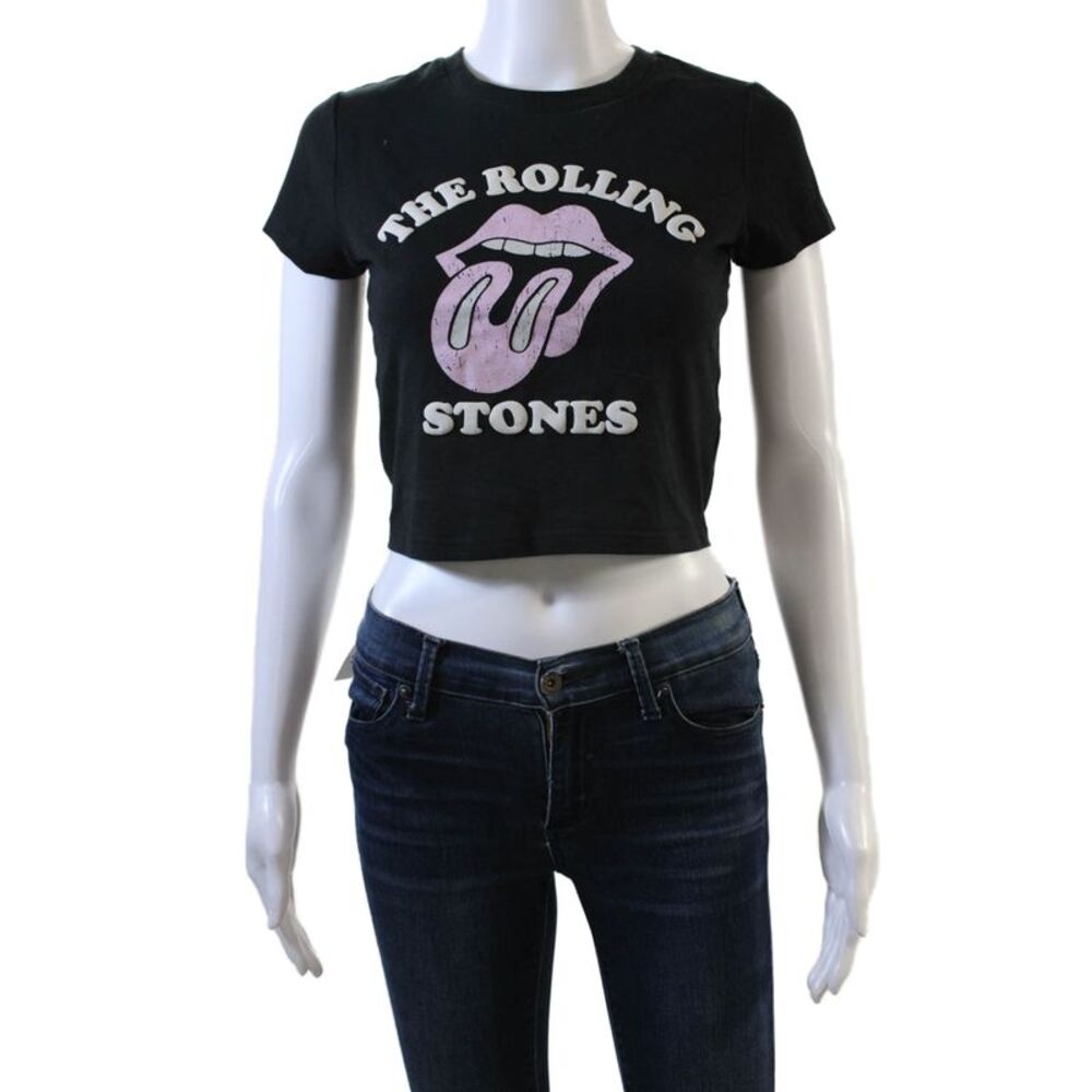 Designer Womens Cotton Cropped Graphic T-Shirt Top Black Size S